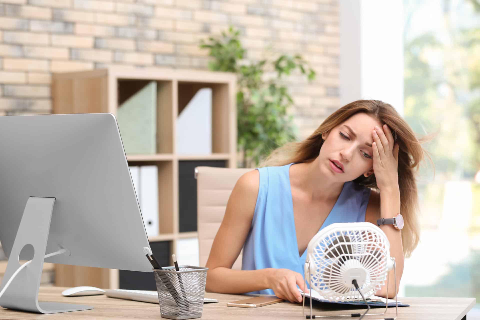 woman with a desk fan
